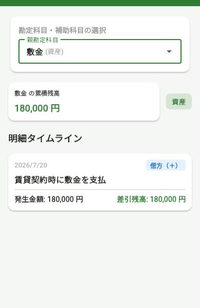 BokiBookの総勘定元帳。敷金180,000円が計上されたまま残っている